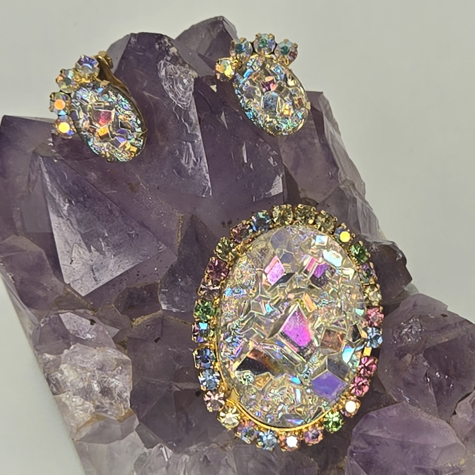 Vintage Juliana DeLizza & Elster Crystal Geode Brooch & Earrings Rare Book Piece
