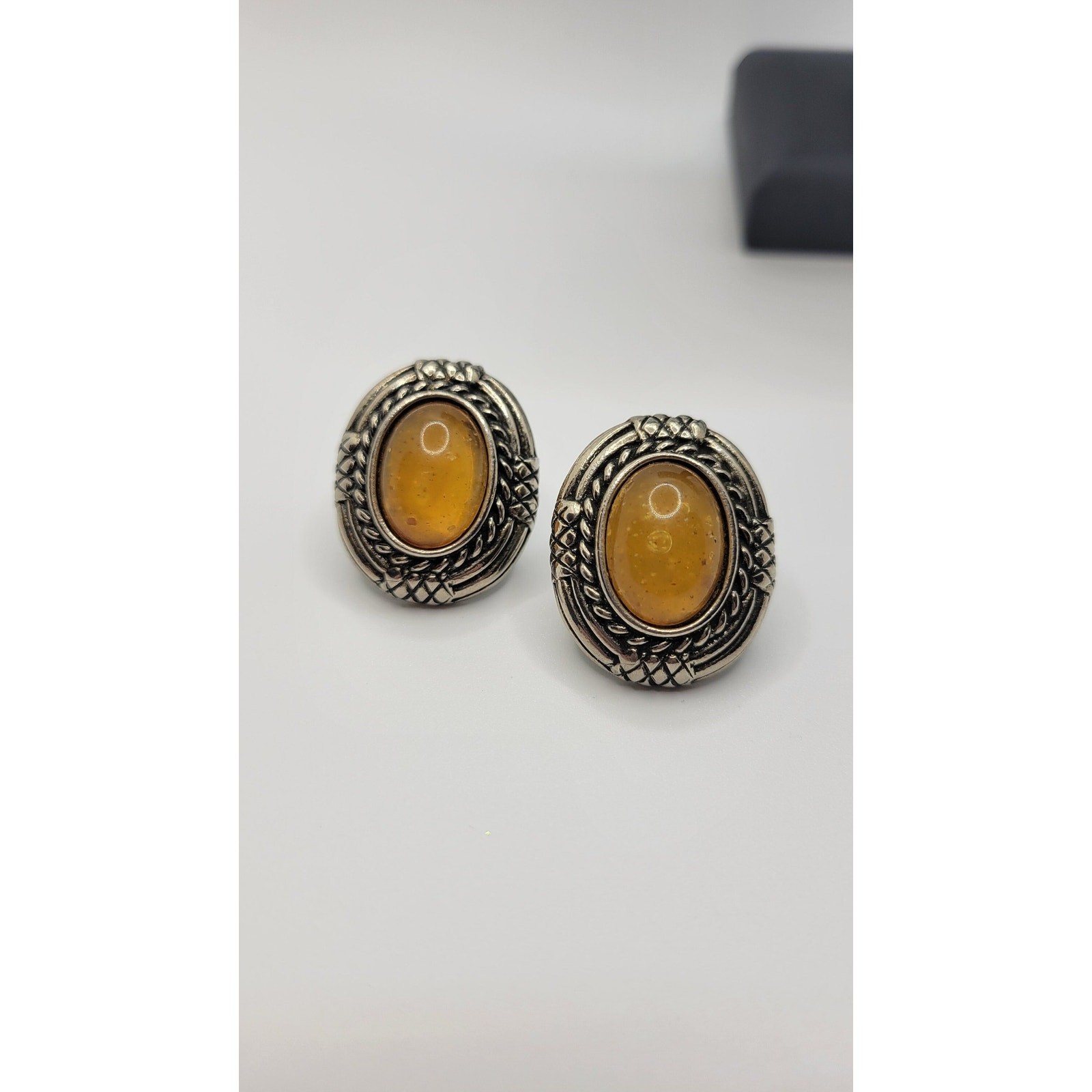 Ben Amun Faux Amber Clip On Earrings Antiqued Silvertone Cabochon Signed Vintage