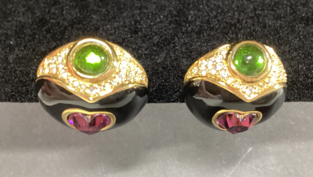 Joan Rivers Clip-On Heart Earrings Pink and Green Crystals Black Enamel 1″