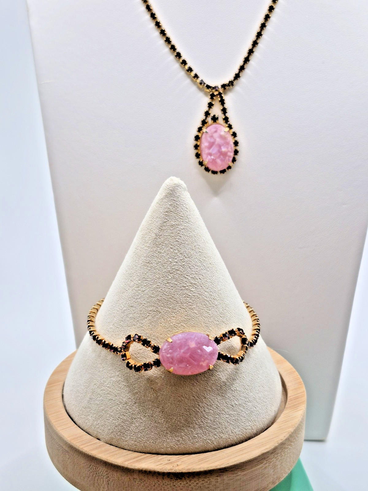 VTG CELEBRITY NY Necklace Bracelet Pink Geode/Pink Druzy w/ Purple Rhinestones