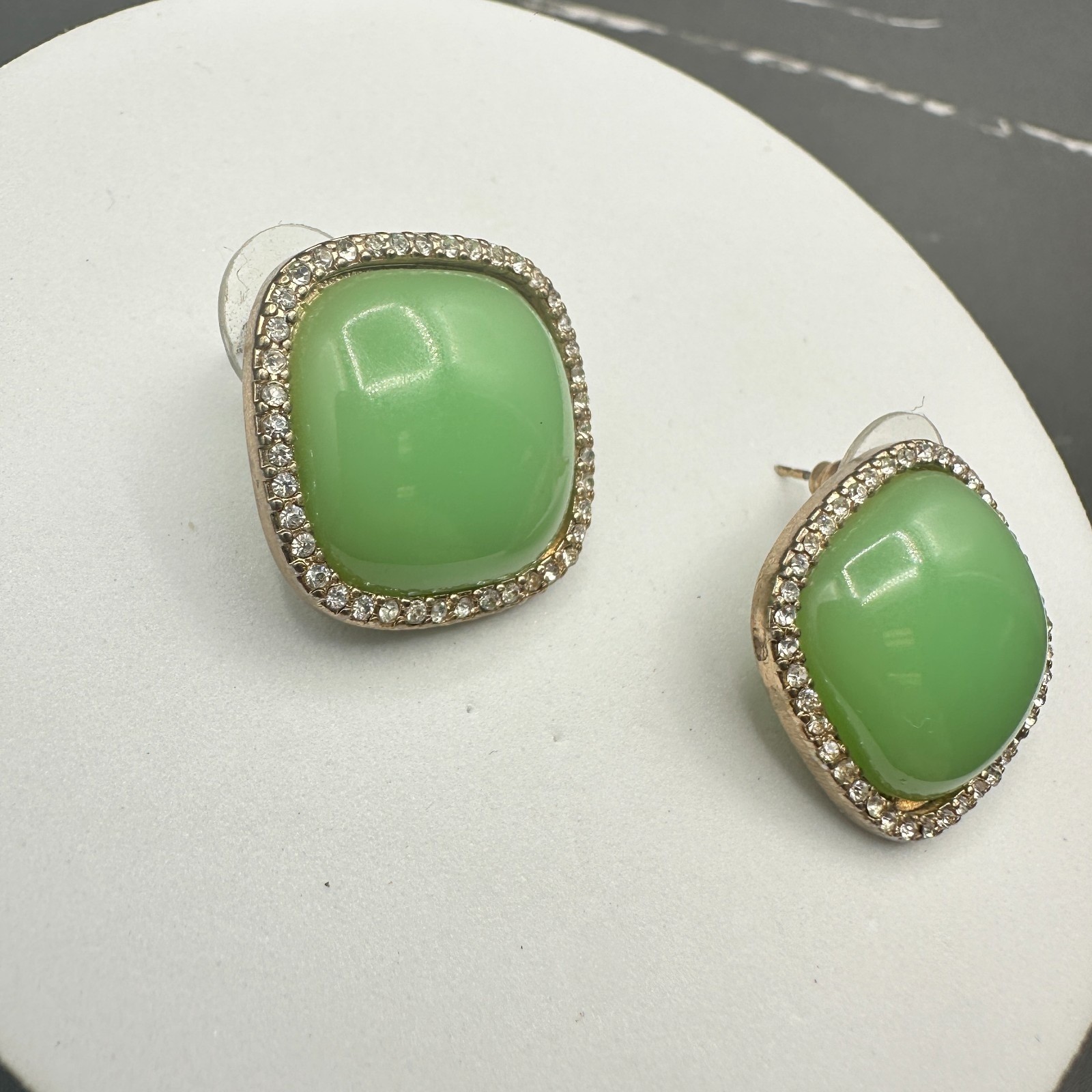 Mint Green Cushion-Cut Earrings w/ Rhinestone Halo Vintage Glam
