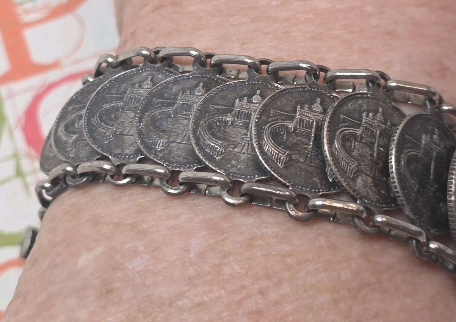 Vtg Roma Italian Coin Souvenir Bracelet Mid Century RomulusRemus St Peters Italy