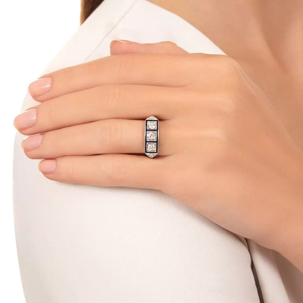 1.20CTW White Round Cut Simulated Diamond Three Stone Art Deco 925 Silver Ring