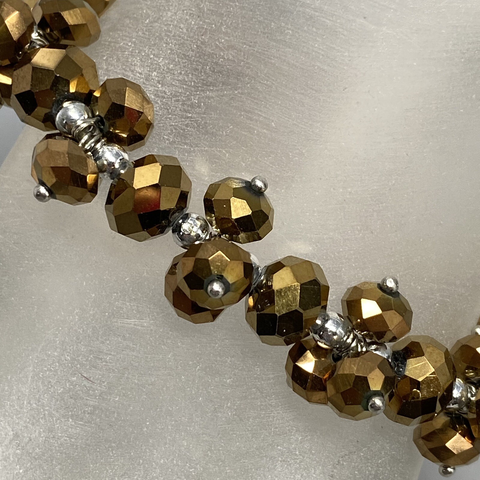 Stretch Bead Bracelet Gold Faceted Glass Cluster Fire Polished Iridescent 7″