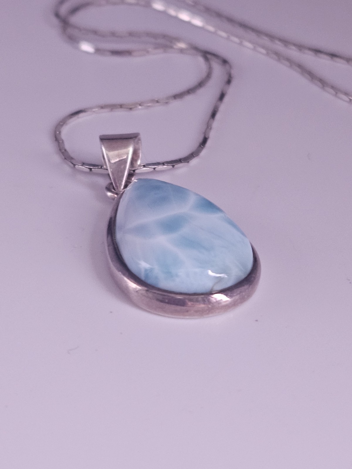 Vintage 925 Sterling Silver Natural Larimar Pendant Necklace 16″
