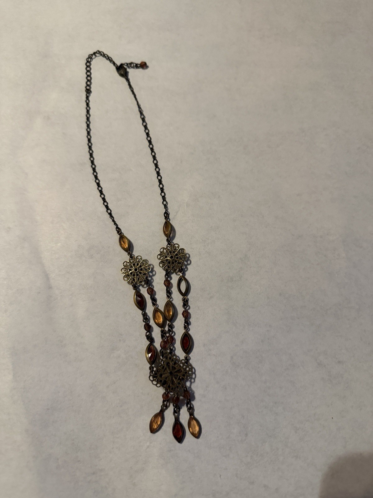Vintage Avon Rhinestone Filigree Necklace Bronze Tone Victorian Art Deco Boho