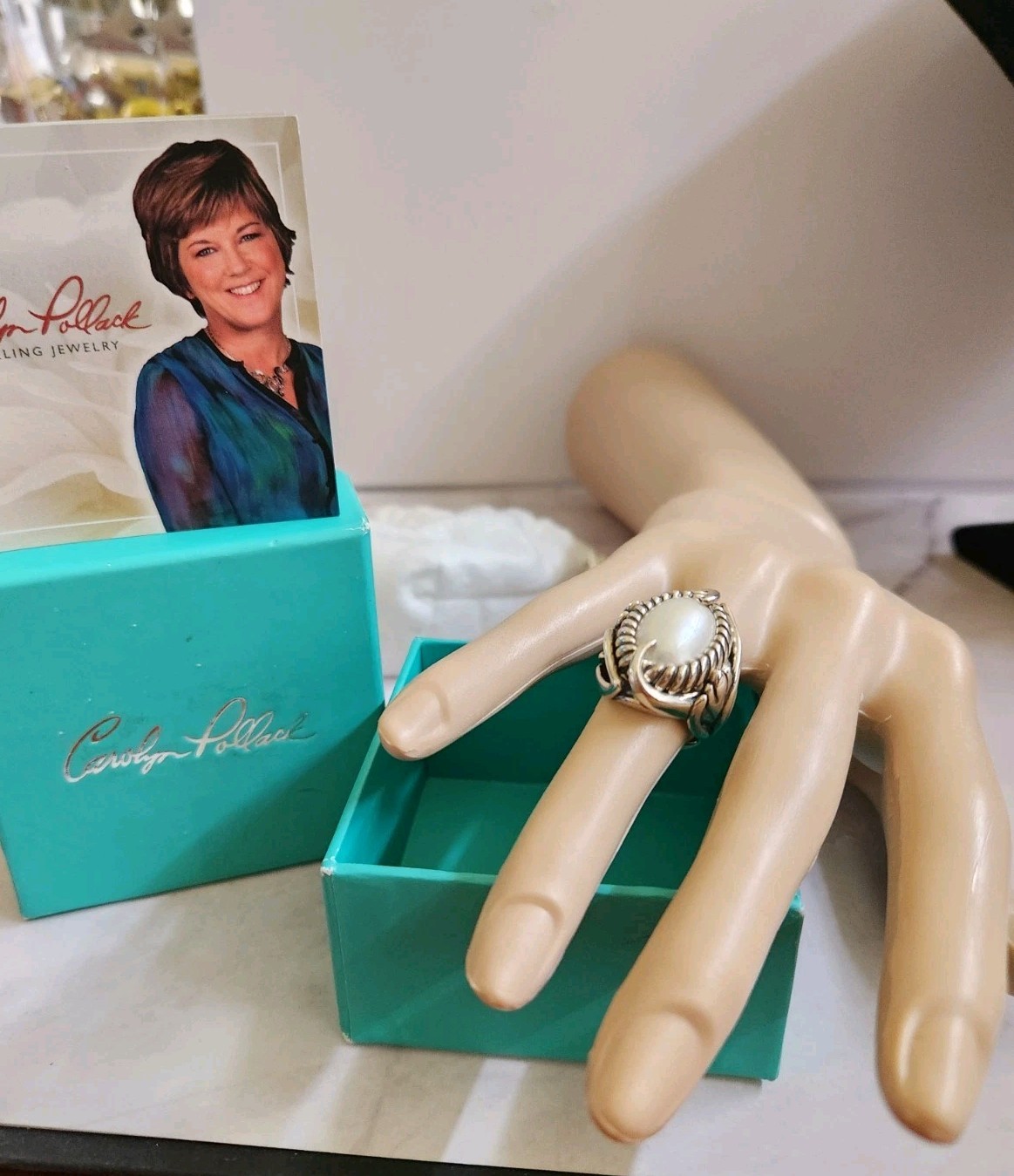 Carolyn Pollack Large Oval Pearl Ring Size 5.4 Box, Bag Sterling Vintage