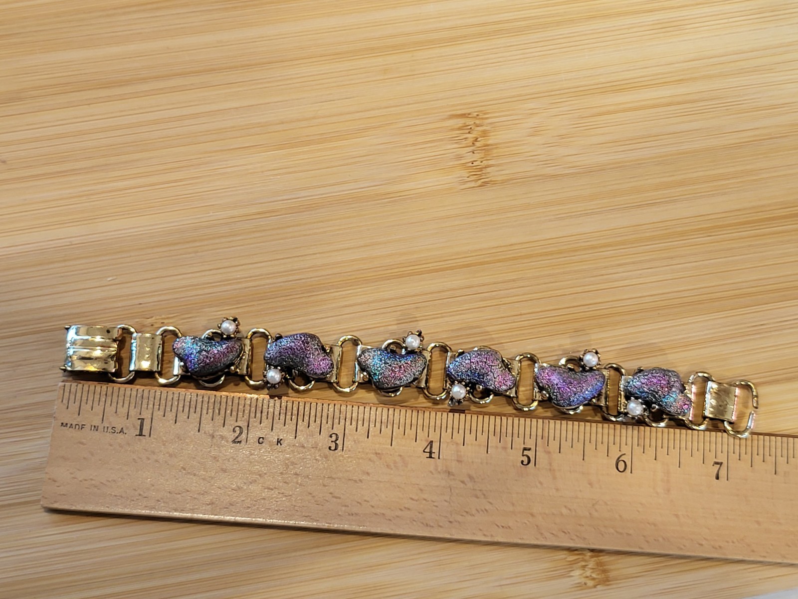 Vtg Purple Peacock Iridescent Color Faux Lava Pearl Panel Gold Tone 7″ Bracelet