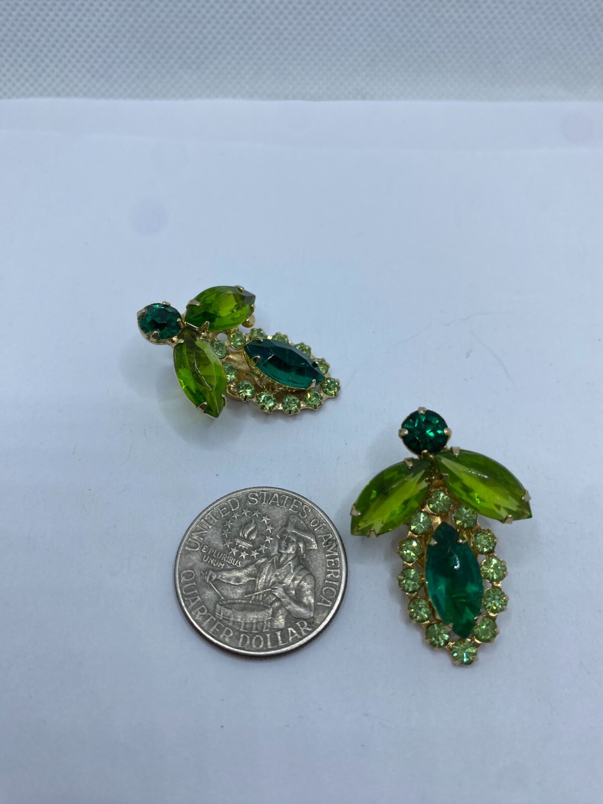 Vintage Green Rhinestone Clip-On Earrings Unsigned Different Shades & Shapes
