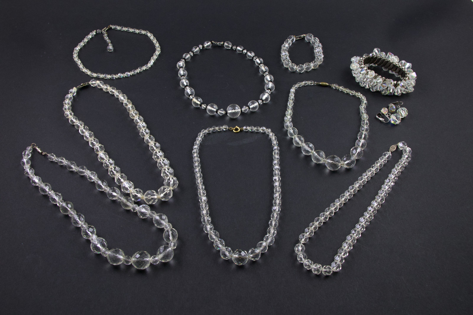 10 Vintage Wearable Faceted Rock Crystal & AB Jewelry Mix Lot Necklace Bracelet