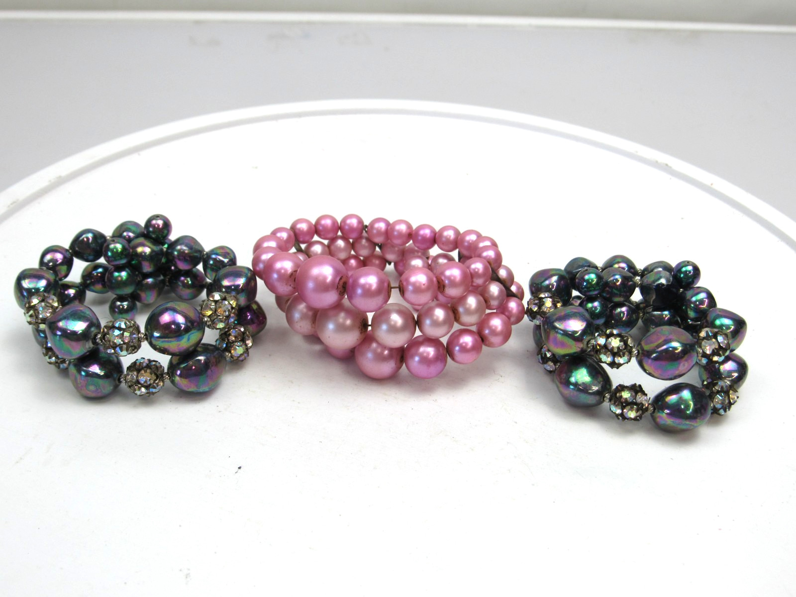 3 Vintage Beaded Stretch Cuff Bracelets Lot Pink Iridescent Rhinestone