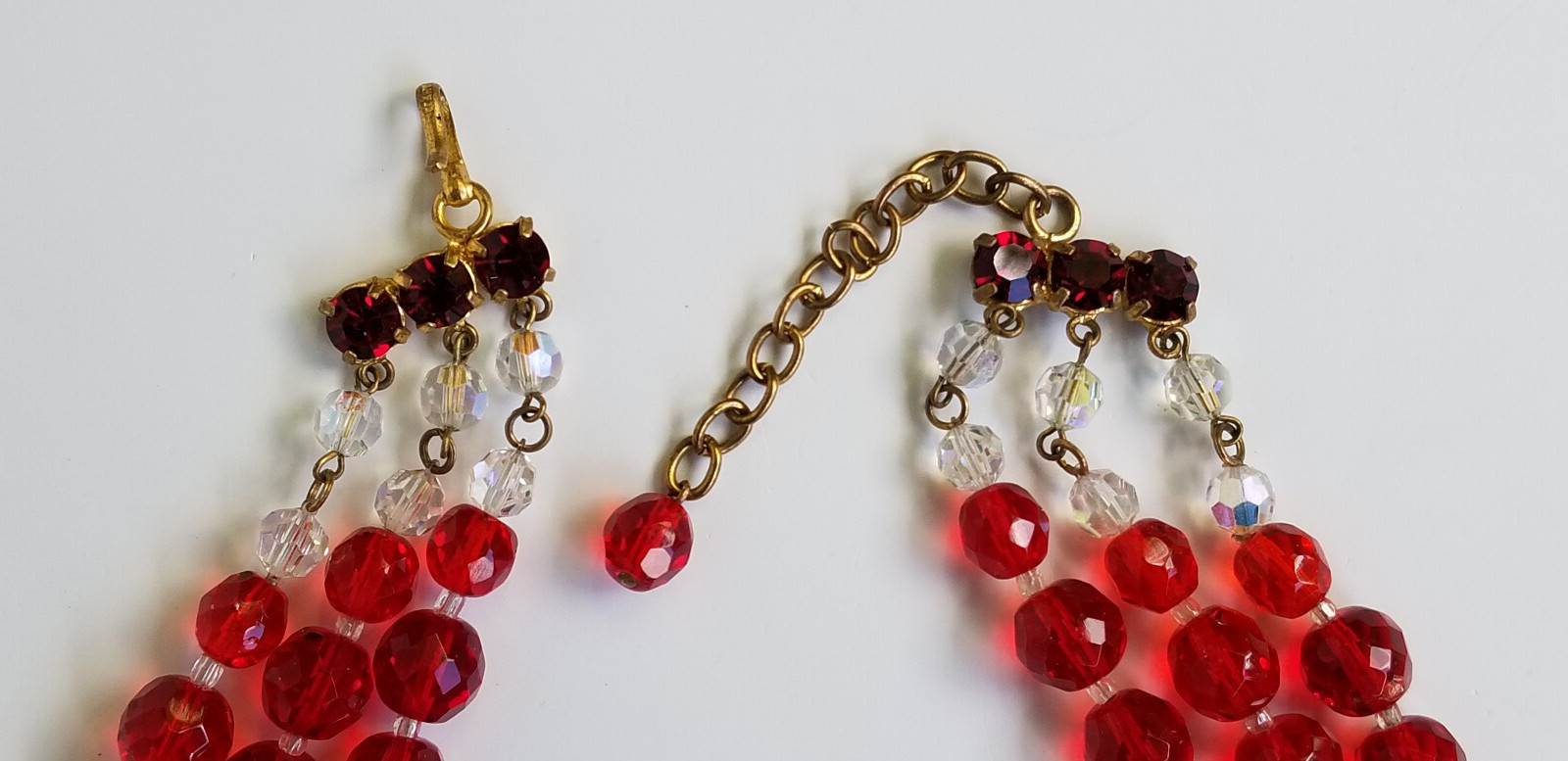 Vintage Signed France AB Bead & Red Glass Cluster Bead Necklace