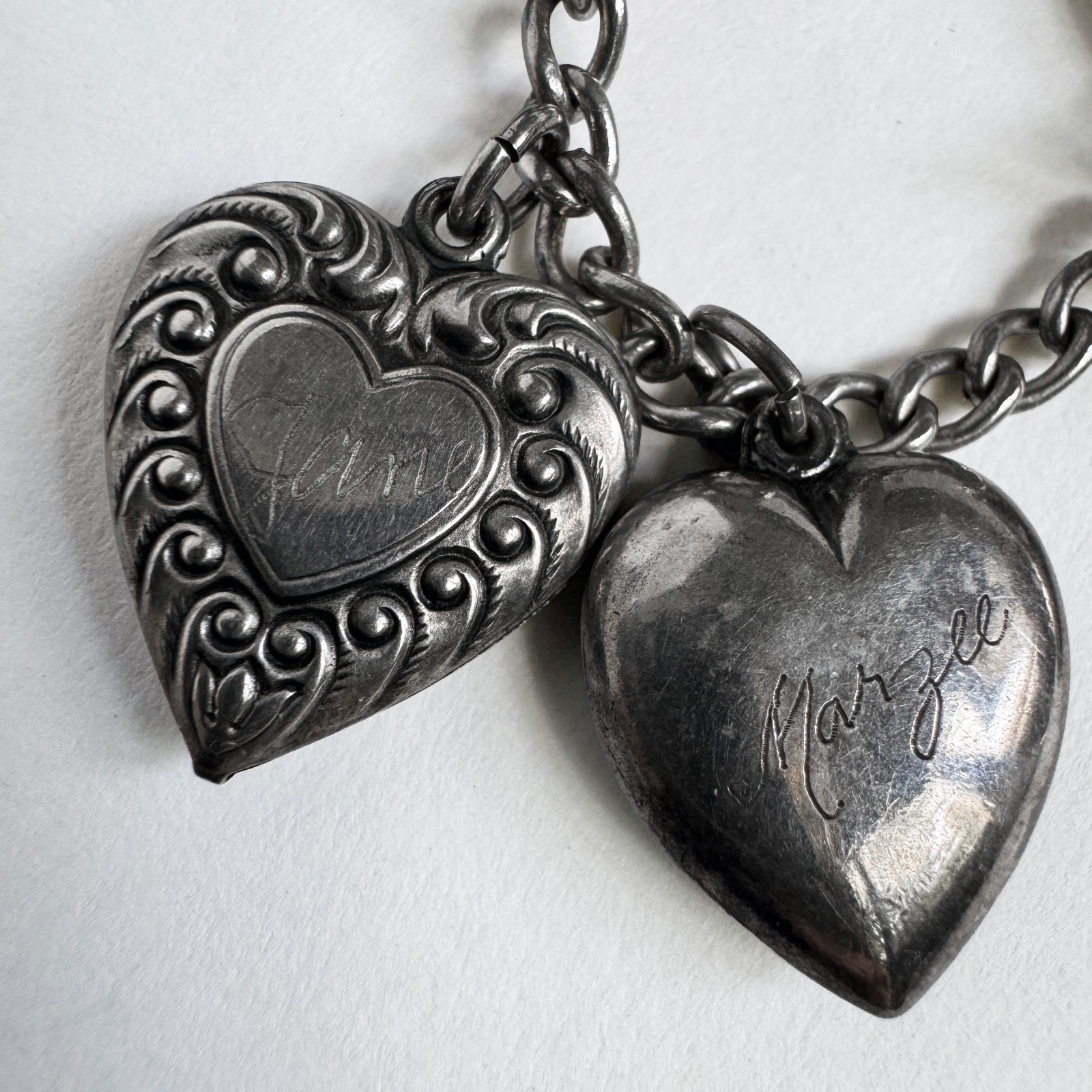Vintage WWII Sterling Silver 925 Puffy Heart Sweetheart Bracelet w/ 14 Charms