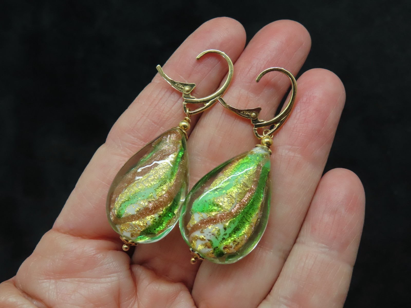 Vintage Sterling Wires w/Gold Wash Art Glass Dangle Pierced Earrings