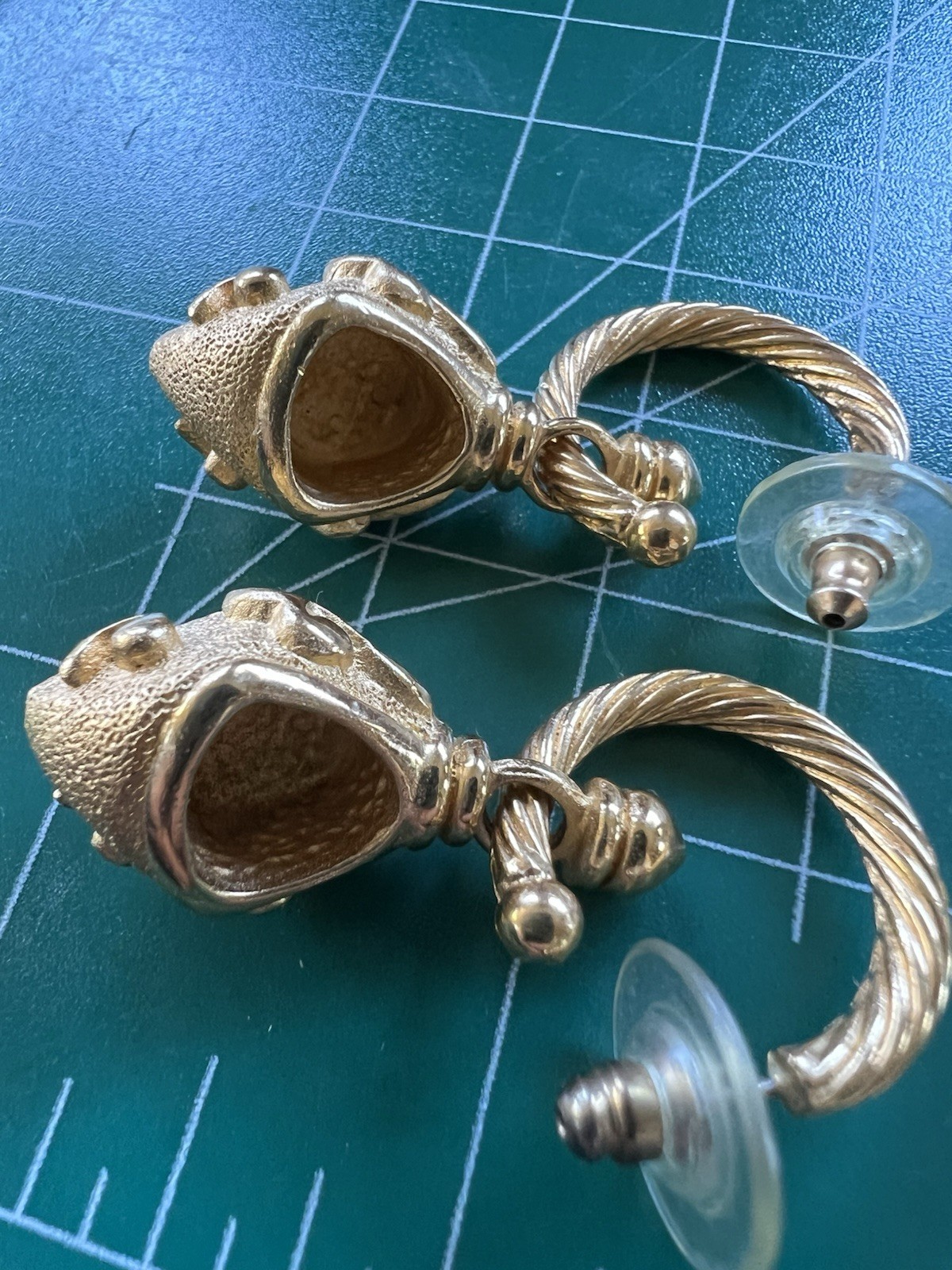 Vintage Estate Gold Tone Faux Cabochon Lapis Lazuli Dangle Drop Pierced Earrings