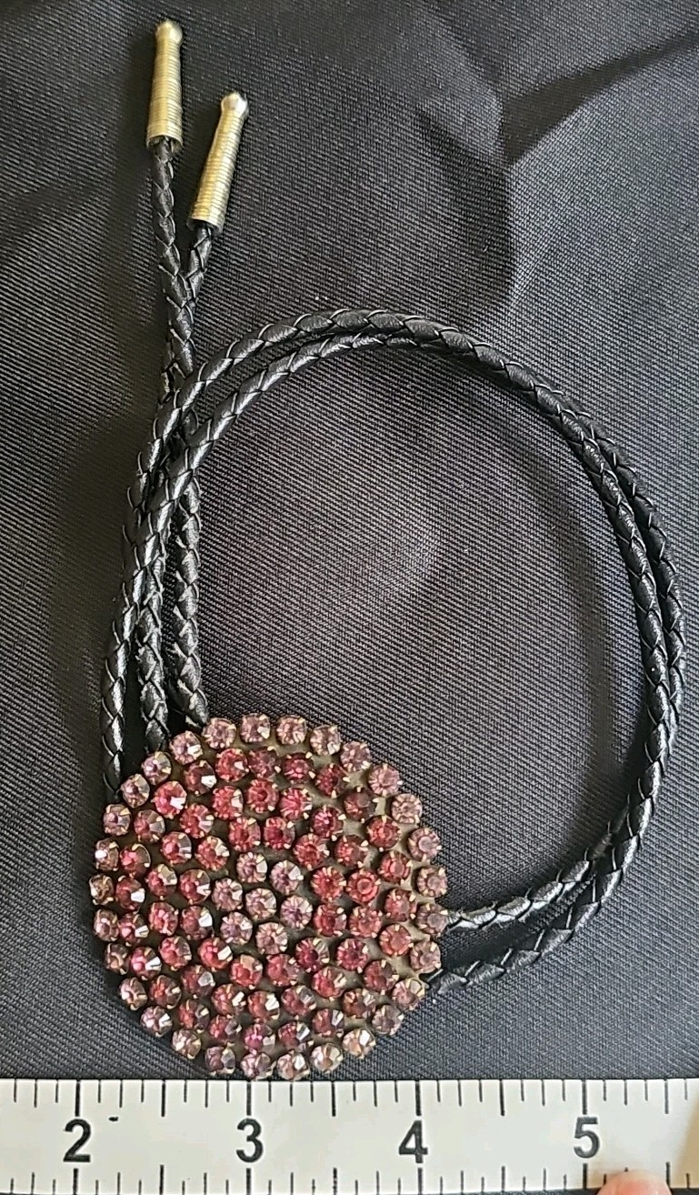 Vintage PINK Rhinestone Lariat Bolo Leather Necklace