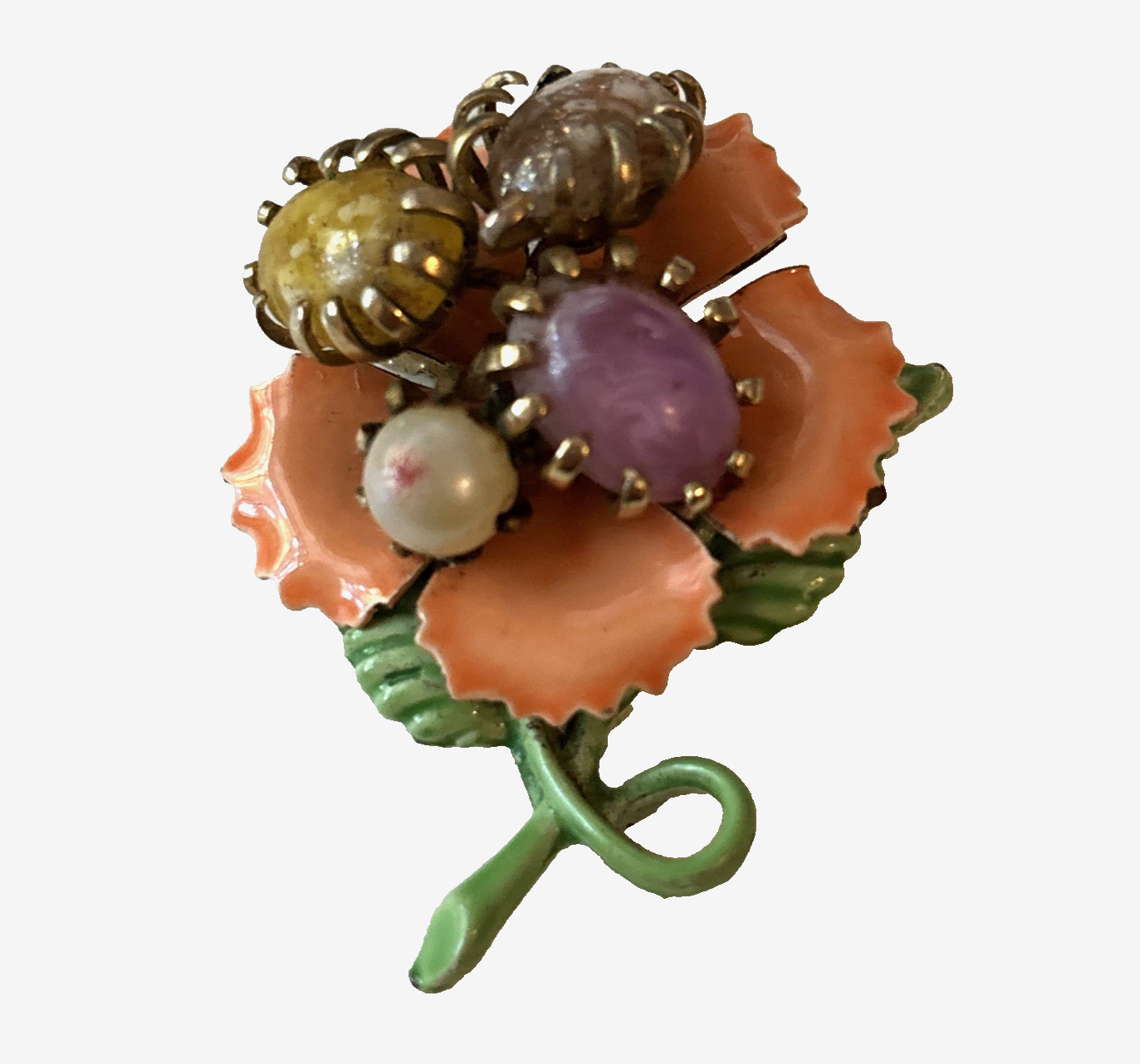 Vintage Enamel Orange Flower Power Brooch With Prong Set Tumbled Stones READ