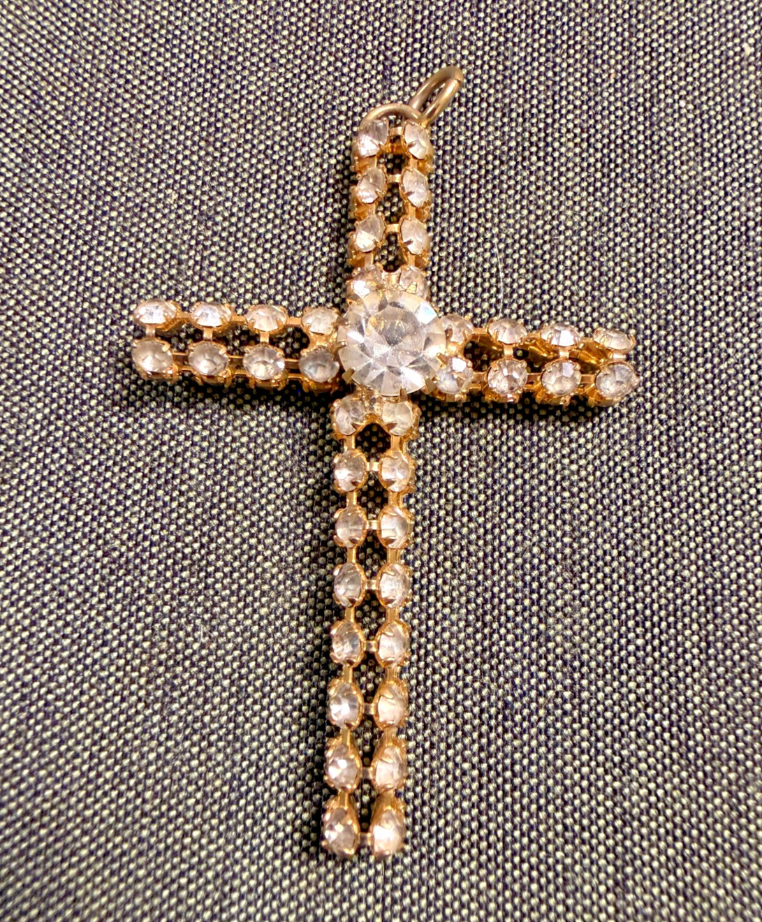 Vintage Metal and White Gem Stone 2″ Cross Pendant Gold Tone