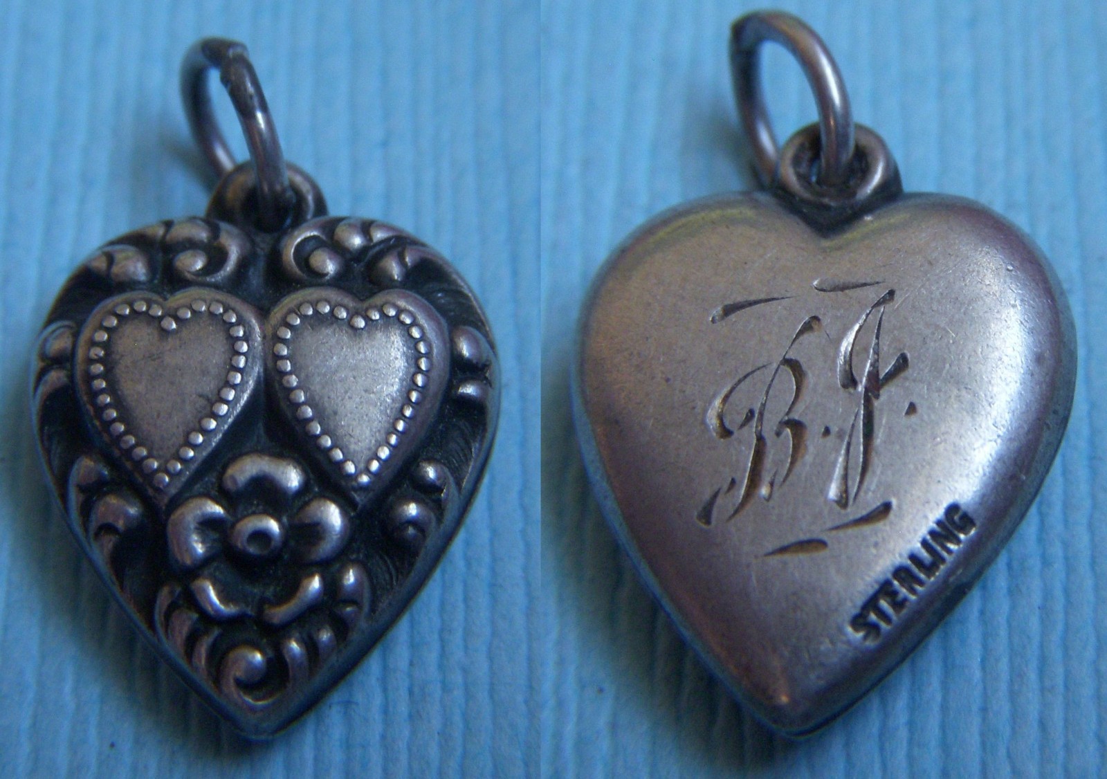 Vintage hearts and flower “BJ” puffy heart sterling charm