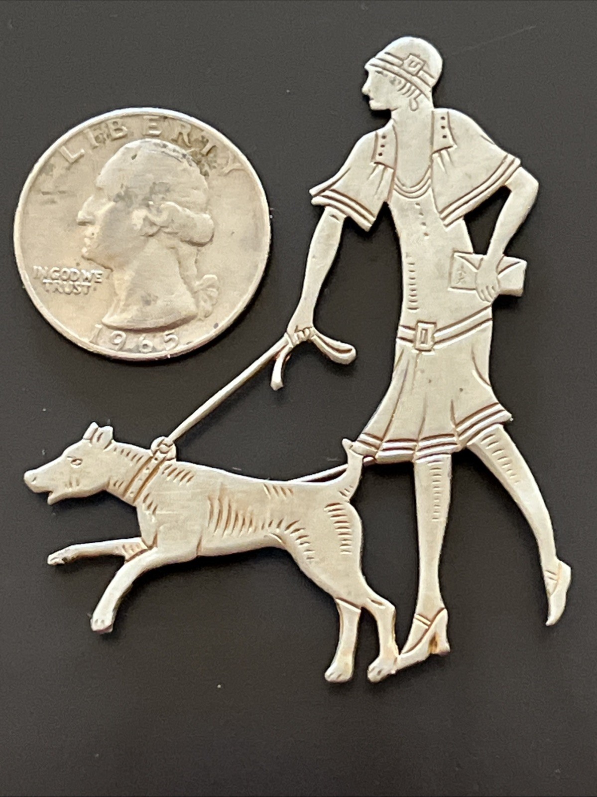 RARE Vogue ART DECO 1920s Vintage CHROME Lady Walking DOG Brooch PIN