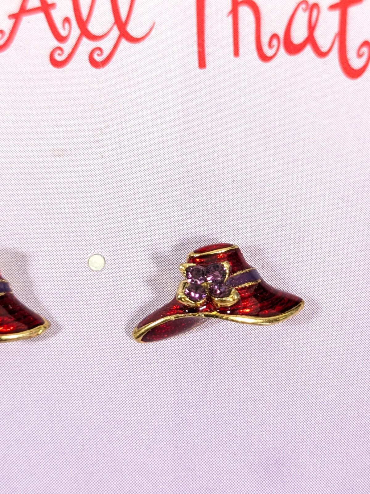 Vintage Ladies Red Hat Purple Rhinestone Enamel Pierced Stud Earrings