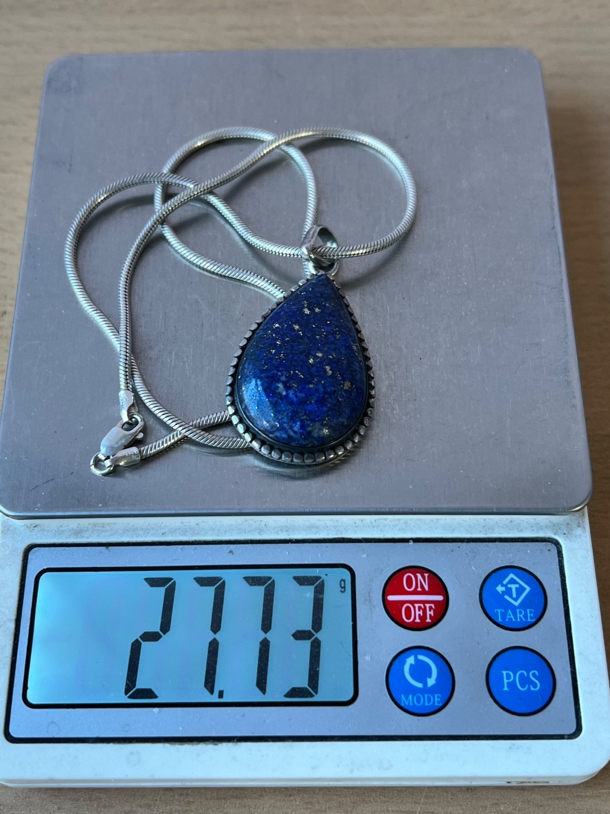 VINTAGE LARGE LAPIS LAZULI PENDANT THICK SNAKE CHAIN NECKLACE 925 STERLING SLVER