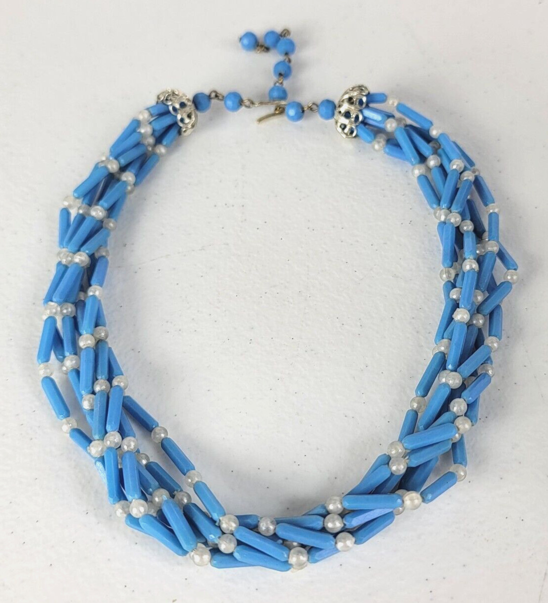 Vintage Hong Kong Blue And White Plastic Beaded Multi Strand Necklace 17.5 in