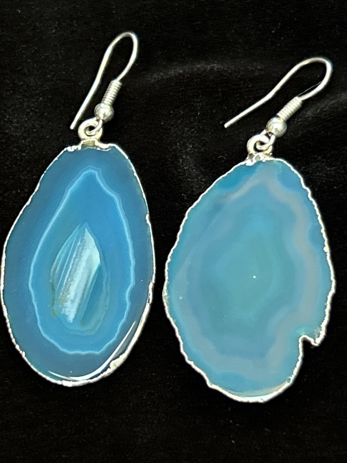 Vintage Silver Tone Blue Geode Slice Dangle Drop Pierced Earrings Large 2.25”