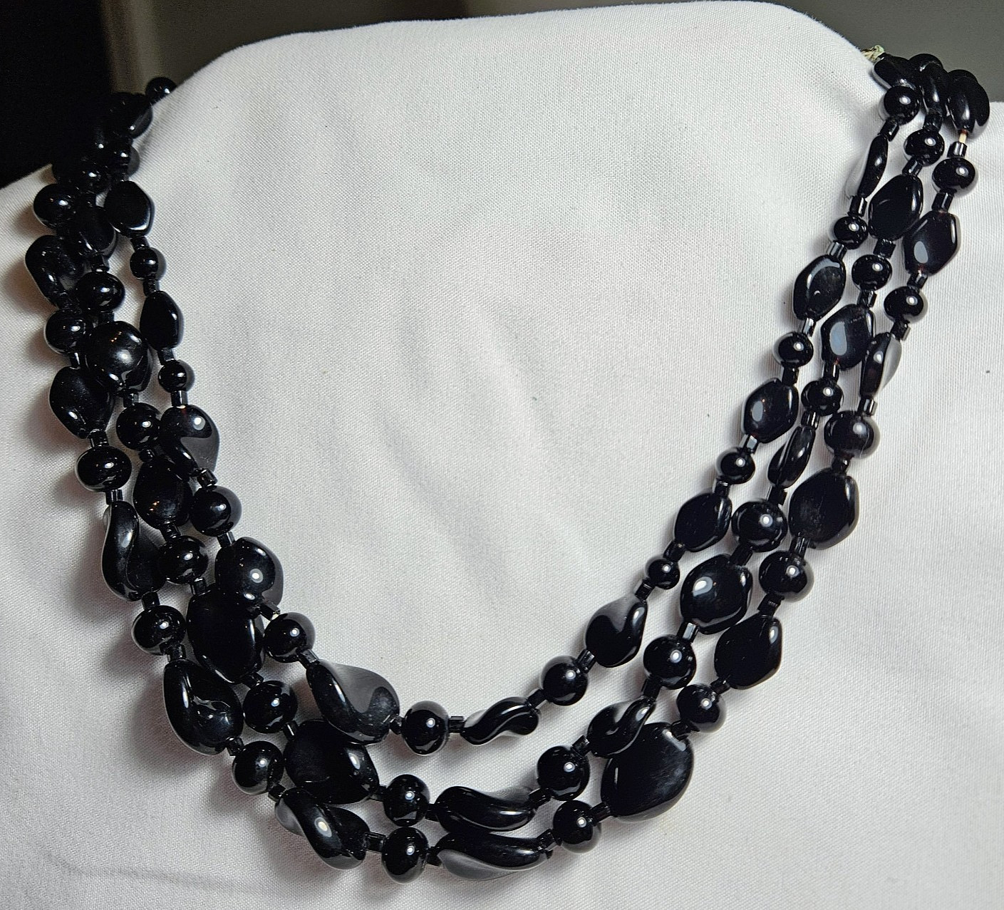 Japan Retro Vintage Necklace Black 3 Strand Glass Beads Metal Hook Clasp