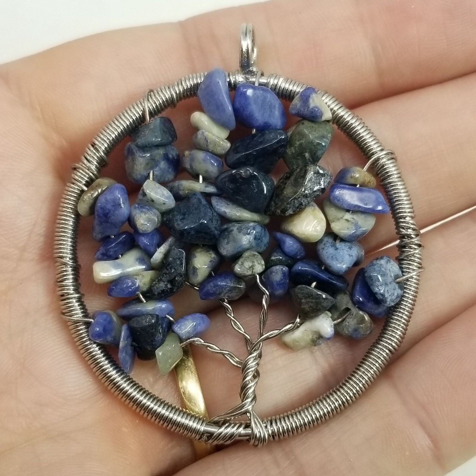 Vintage Blue and Slver Tone Wire Wraped Tree Pendant, Beaded Stone, Tree of Life
