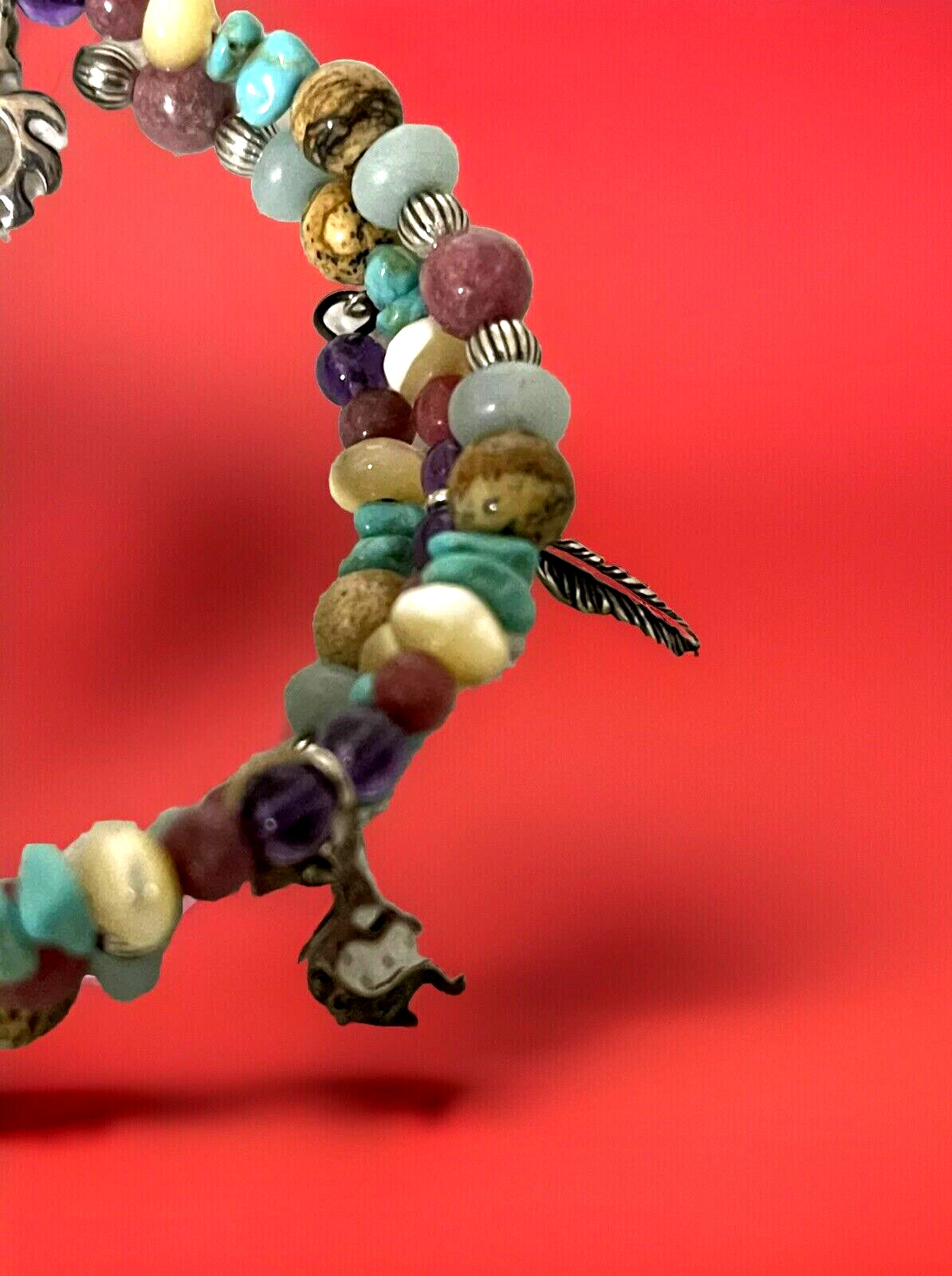 Vtg South Western Genuine Stone Bead Bracelet 6 Sterling Silver Indian Charms