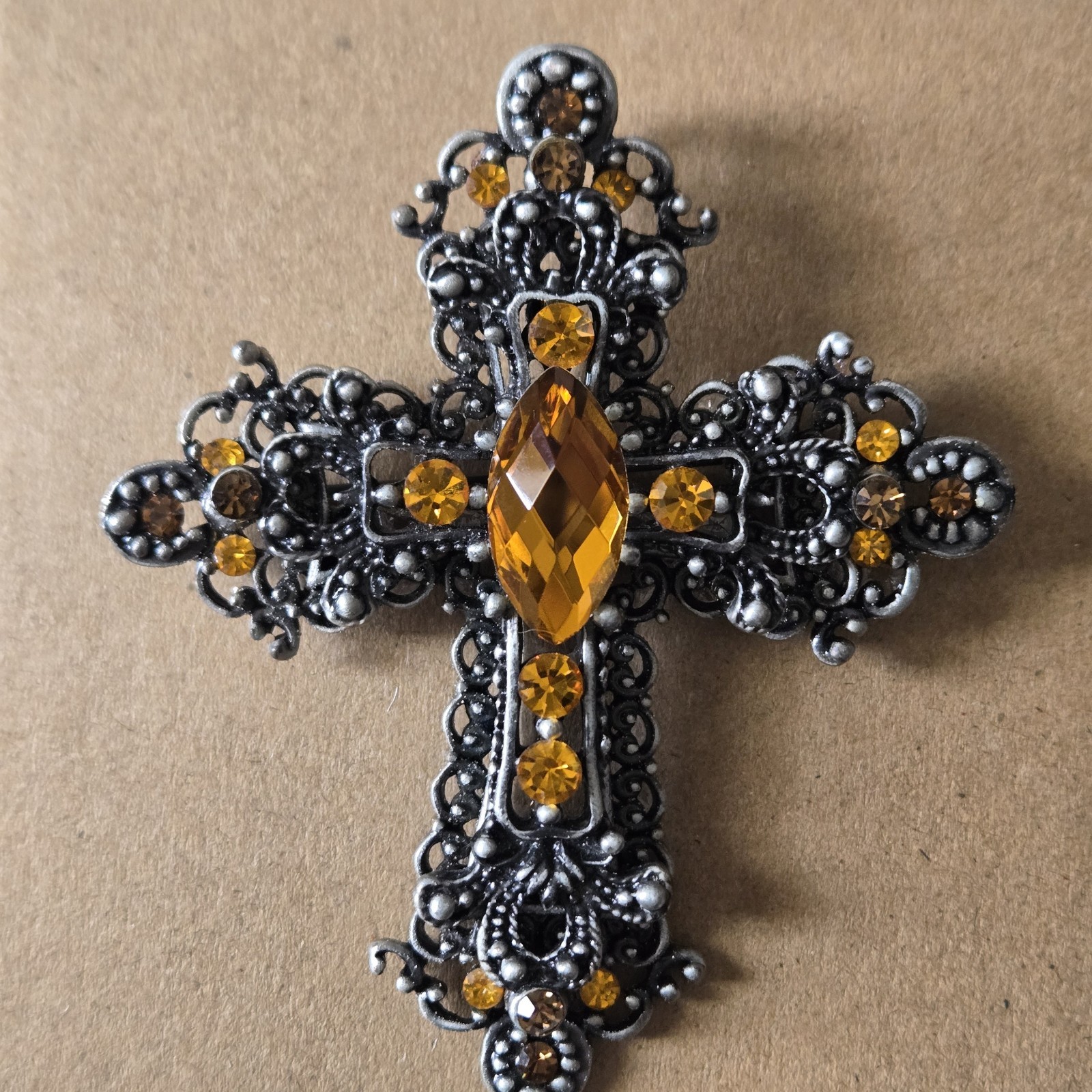 Gothic Cross Brooch Pin Amber Rhinestones Black Silver Tone Filigree 3″