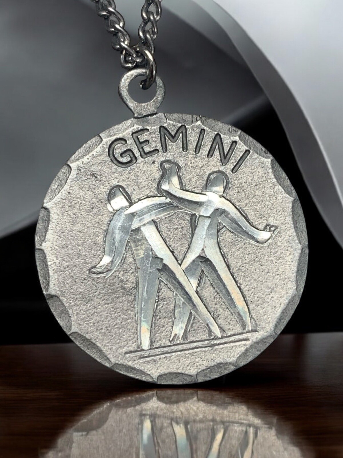 Vintage Pewter BDA Zodiac astrology Gemini Horoscope Pendant Necklace 18”