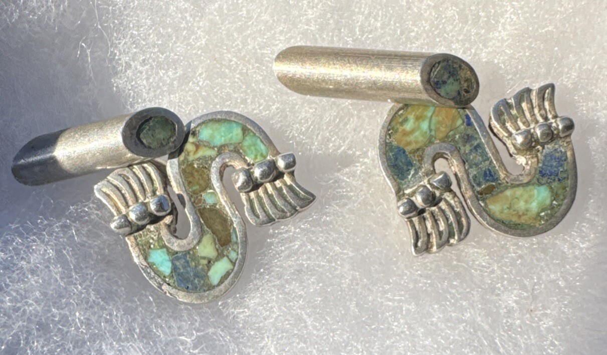 Vintage Los Castillo Sterling Silver Azteca Mosaico Swirl Cufflinks 50s 60s