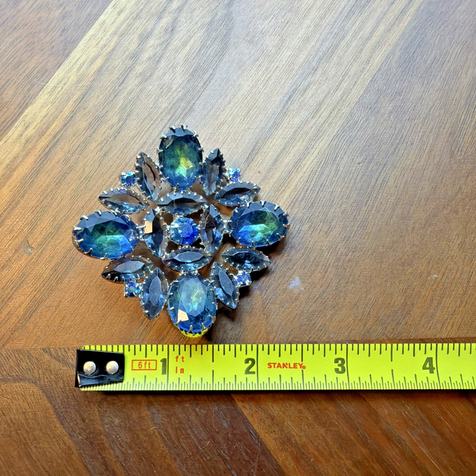 Vintage Aurora Borealis Crystal Brooch Blue Teal Silver Toned