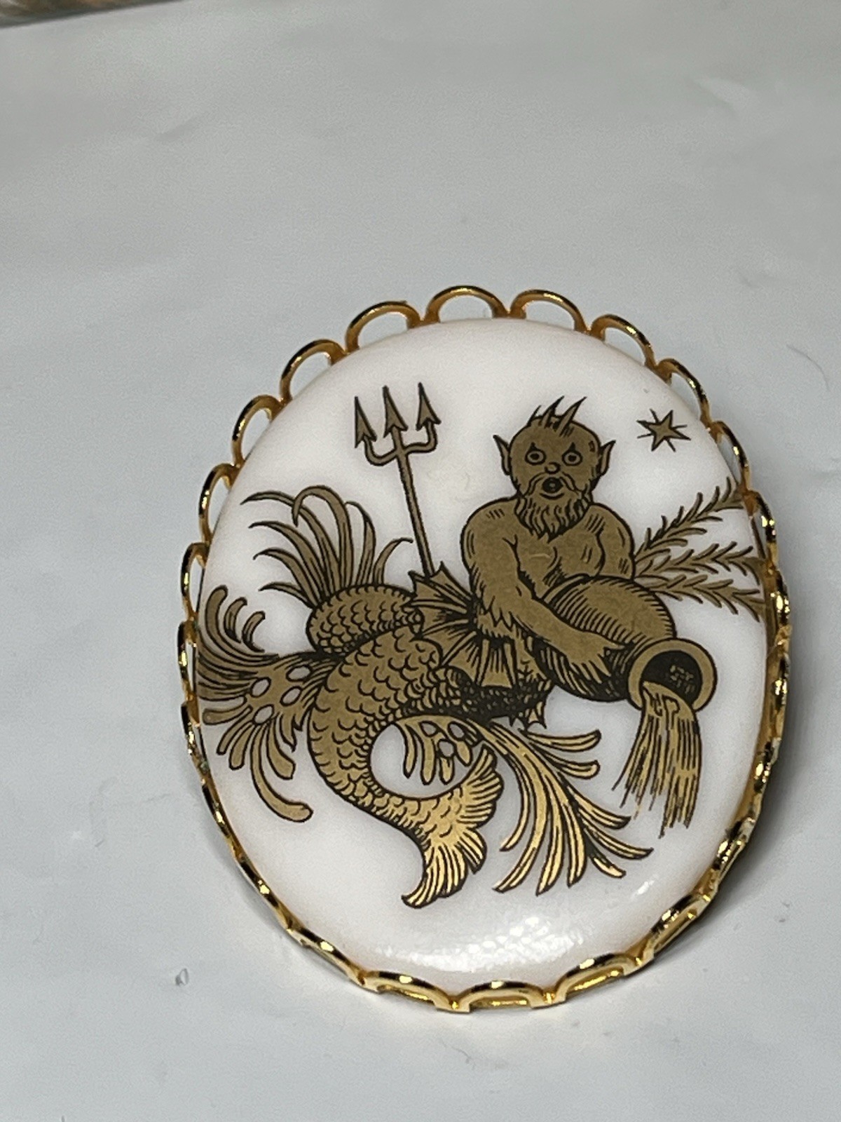 Vintage king Neptune Poseidon merman damascene Resin metal brooch 1-5/8”