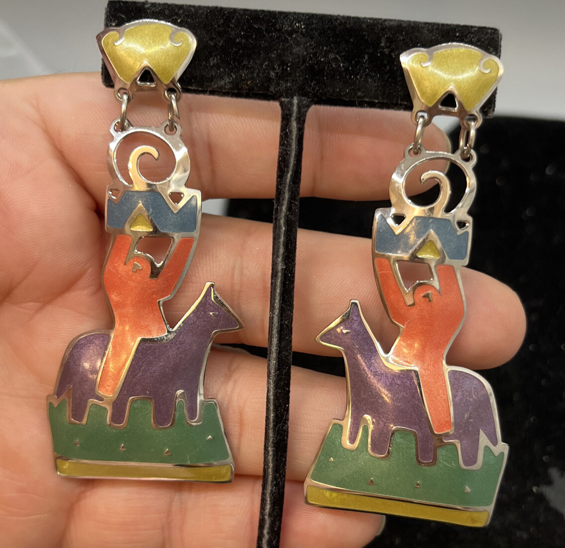 Vintage Signed Edgar Berebi Enamel Dangle Stud Earrings, 1980s Horse ? Person