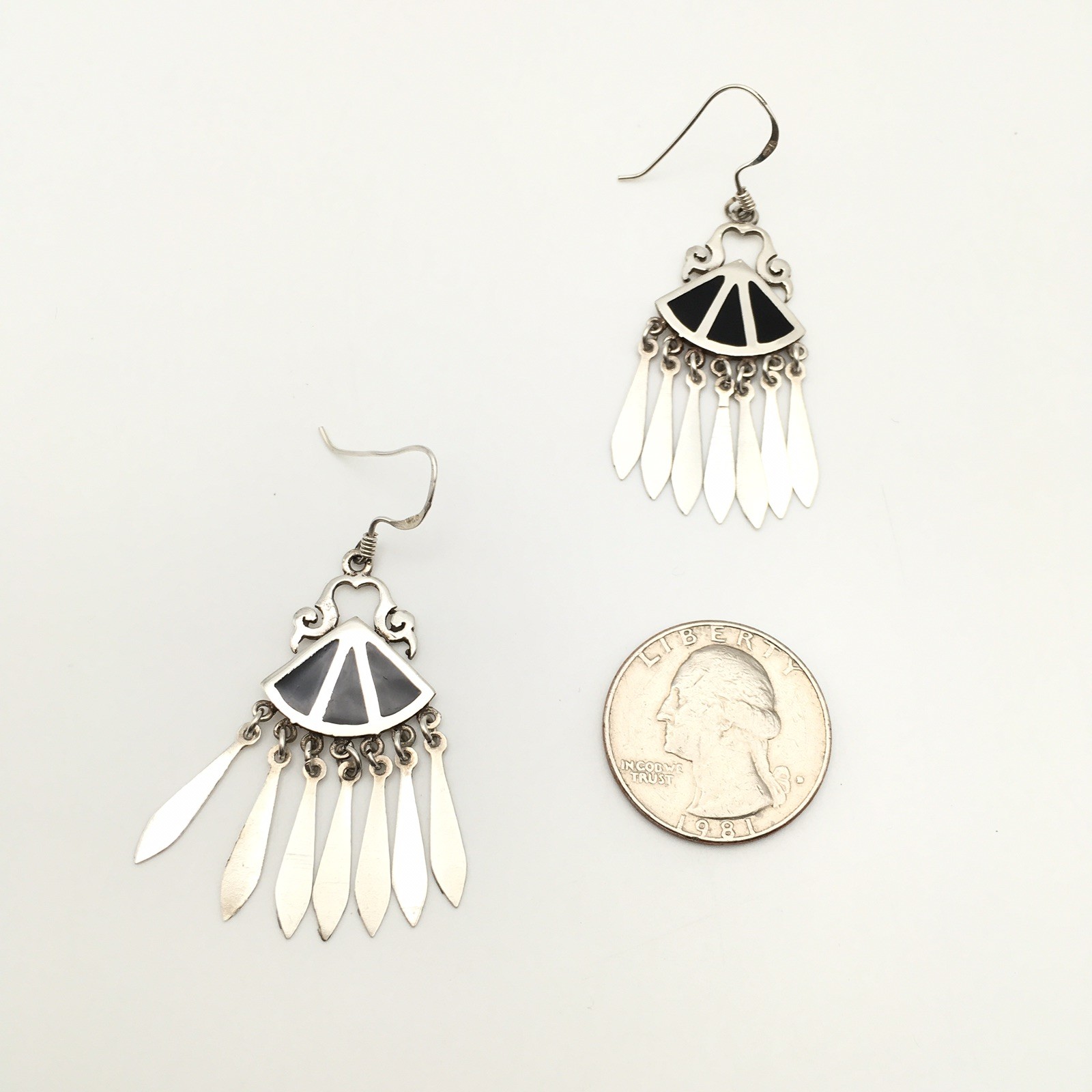 Vtg Sterling Silver Southwestern Black Inlay Dangle Earrings Marked 925 6.7g #41