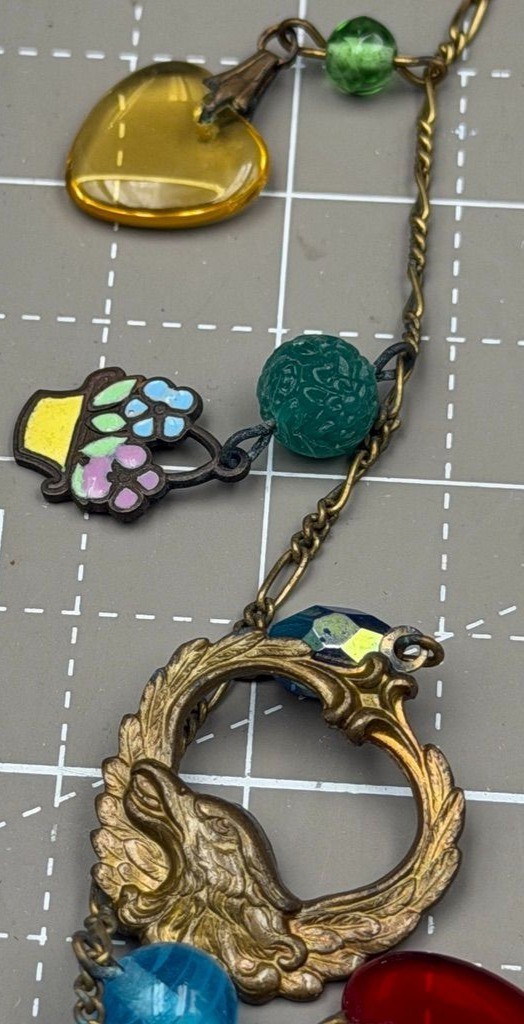 Vintage Glass Works Studio Charm Necklace Brass Glass Hearts Eagle Moon Stars