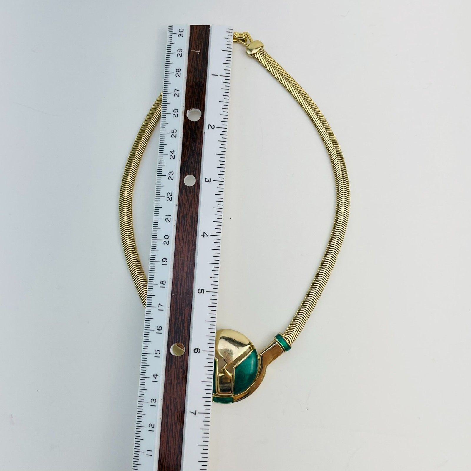 Vintage Orena Paris Choker Necklace Gold Tone Green Enamel Modernist Collar