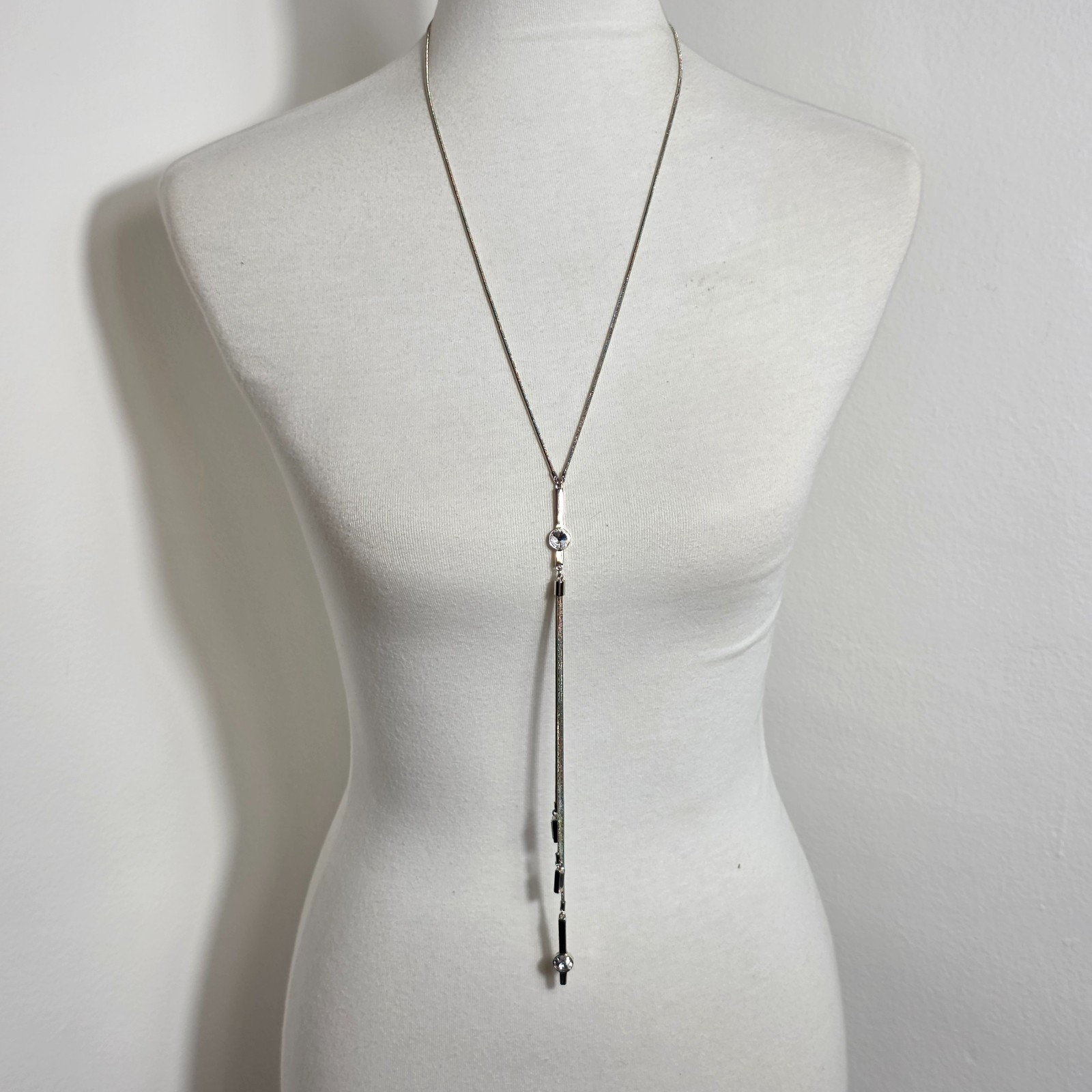 White House Black Market Lariat Necklace Silver-Tone with Faceted White Stones