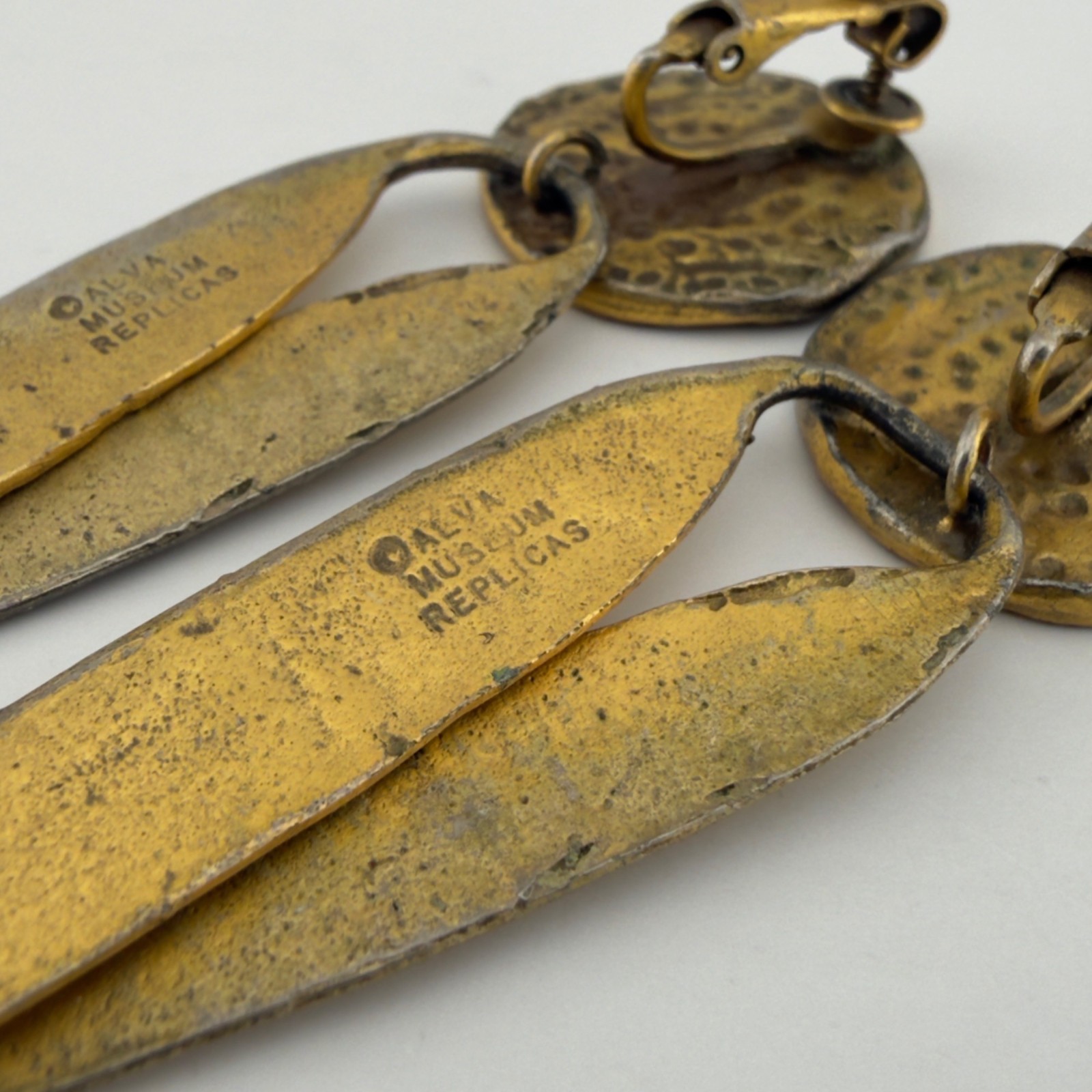 Alva Museum Replica Tribal Walking Sun Clip On Earrings Gold Tone Long Dangle