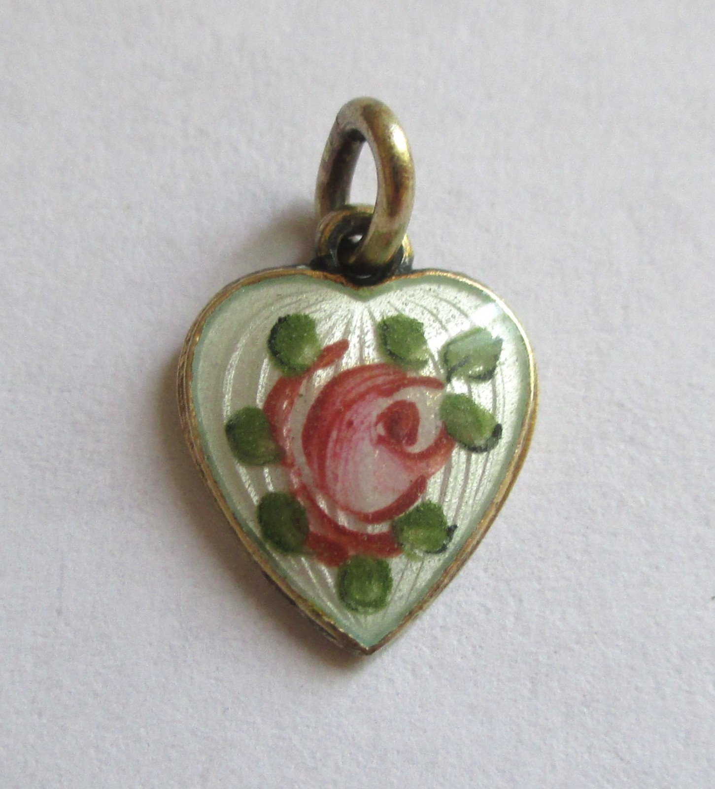 1/2in SMALL VINTAGE STERLING SILVER ENAMEL ROSE FLOWER HEART CHARM Gold Wash