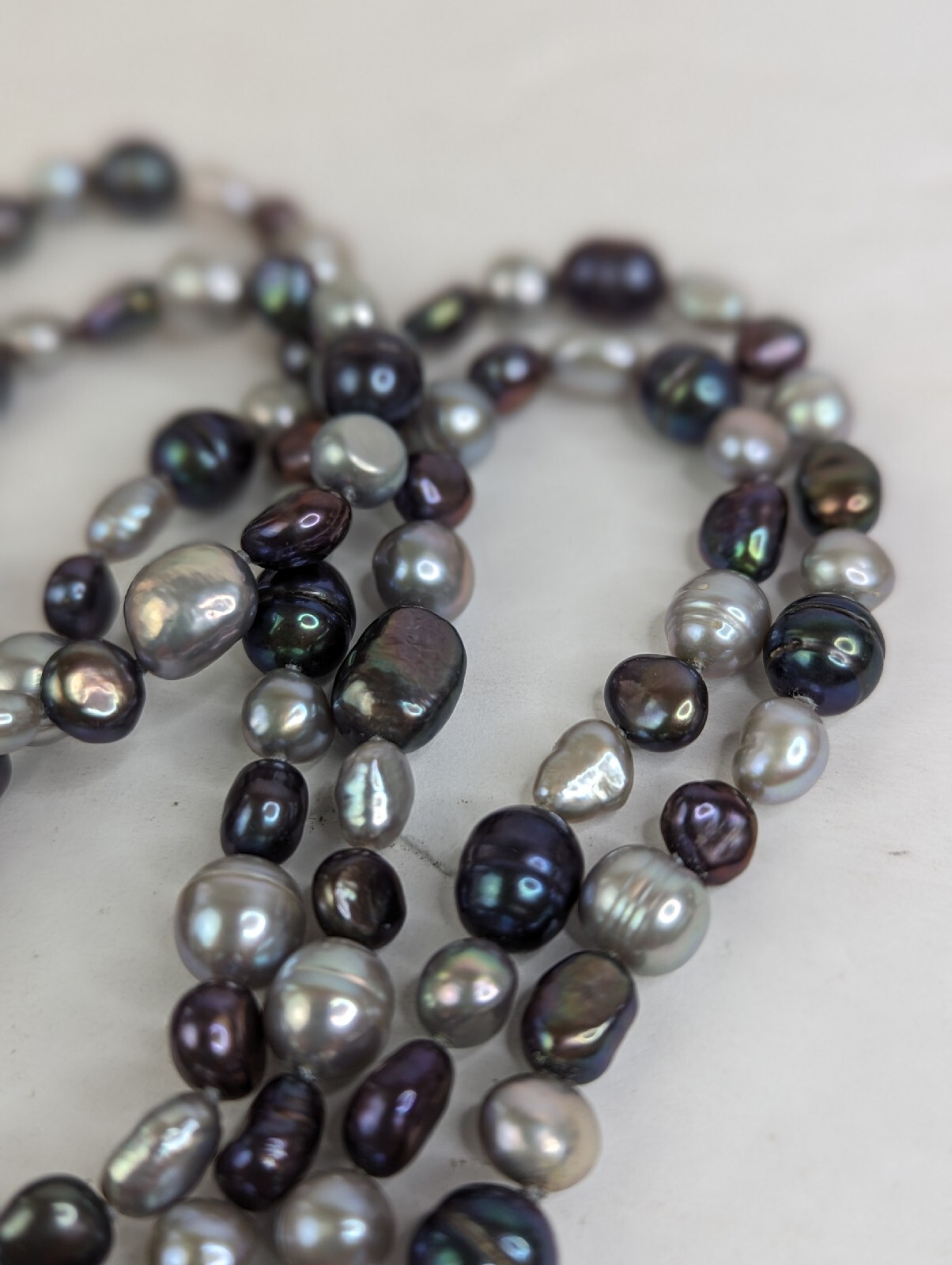 Genuine Baroque Pearl Black Peacock Luster and Silver Gray Necklace 36″ Stunning