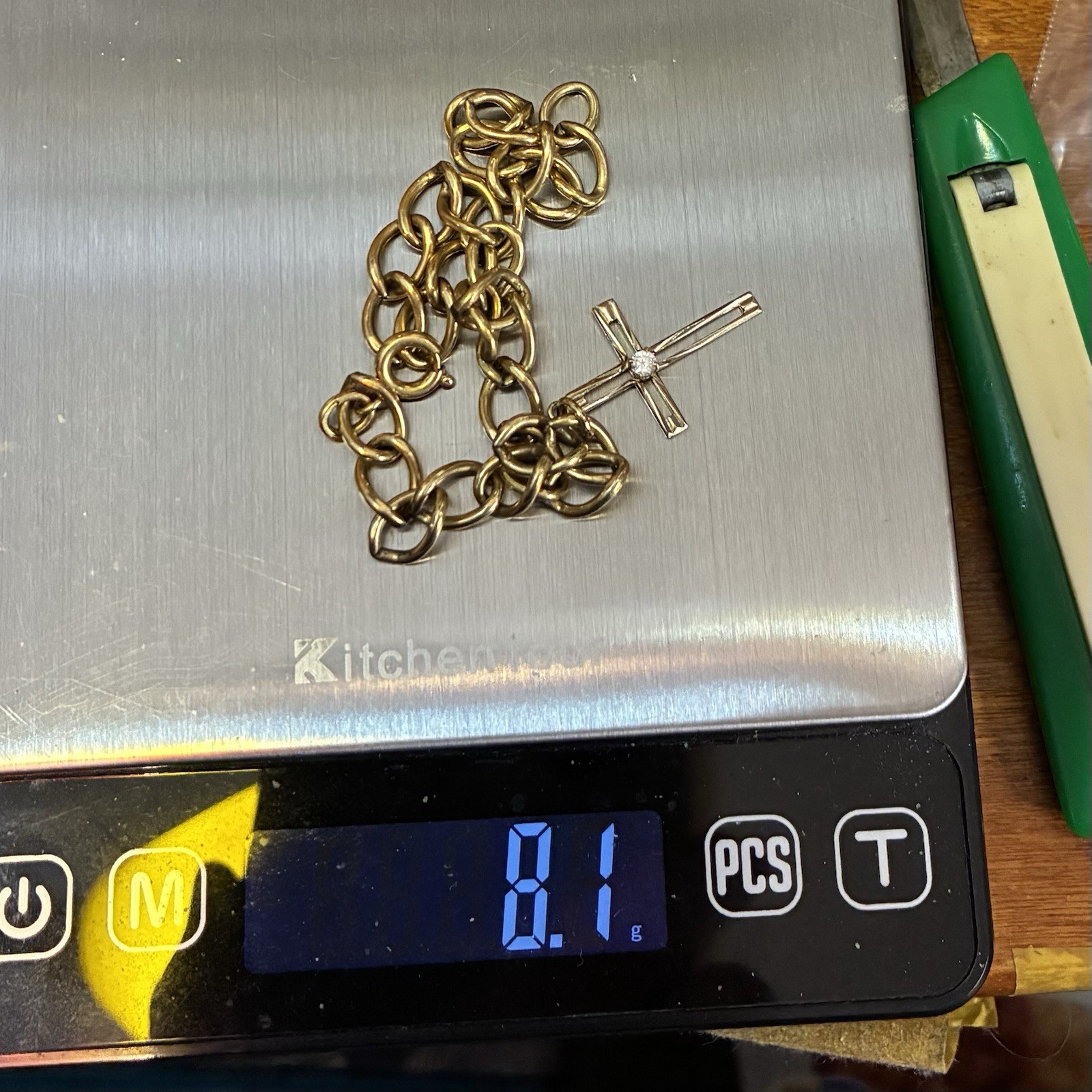 Vintage Estate 12k Gold Filled Starter Charm Bracelet + GF Cross Charm, 8” long