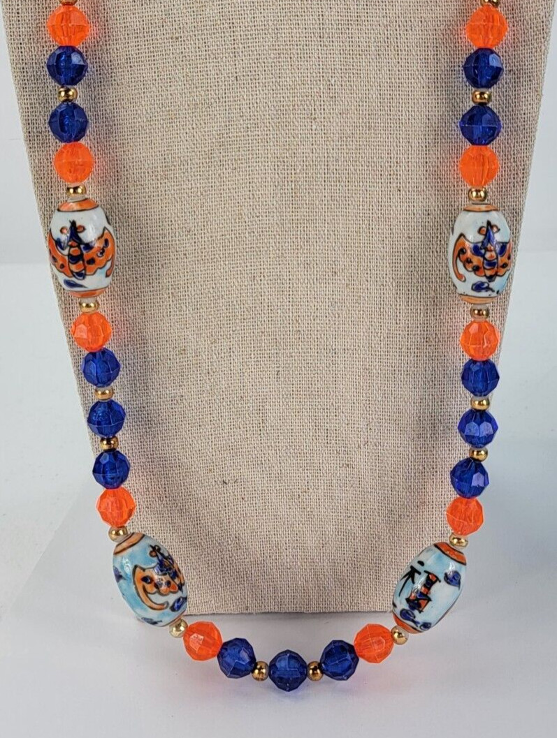 Vintage Asian Themed Hand Painted Clay And Plastic Bead Multicolor Necklace 29″