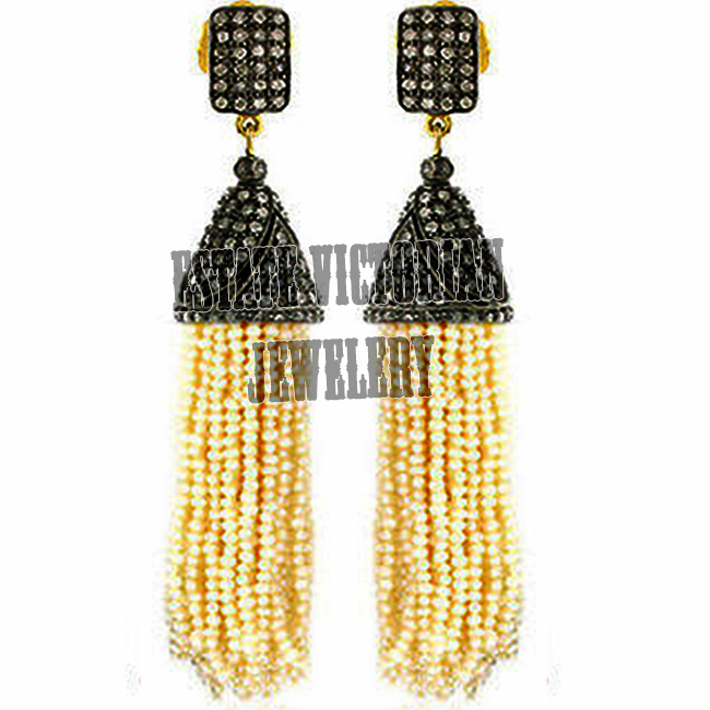 Stunning 3.75Ctw Rose cut Diamond Pearl Silver Victorian Tassel Earring Jewelry
