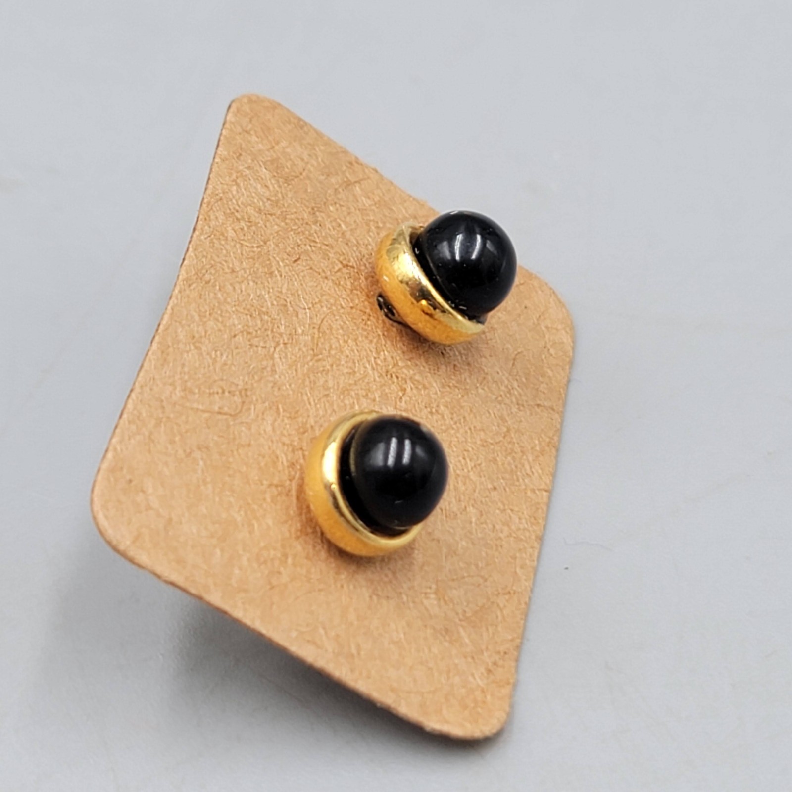 Vintage Studs Pierced Earrings Black Bead Gold tone 1/4 in