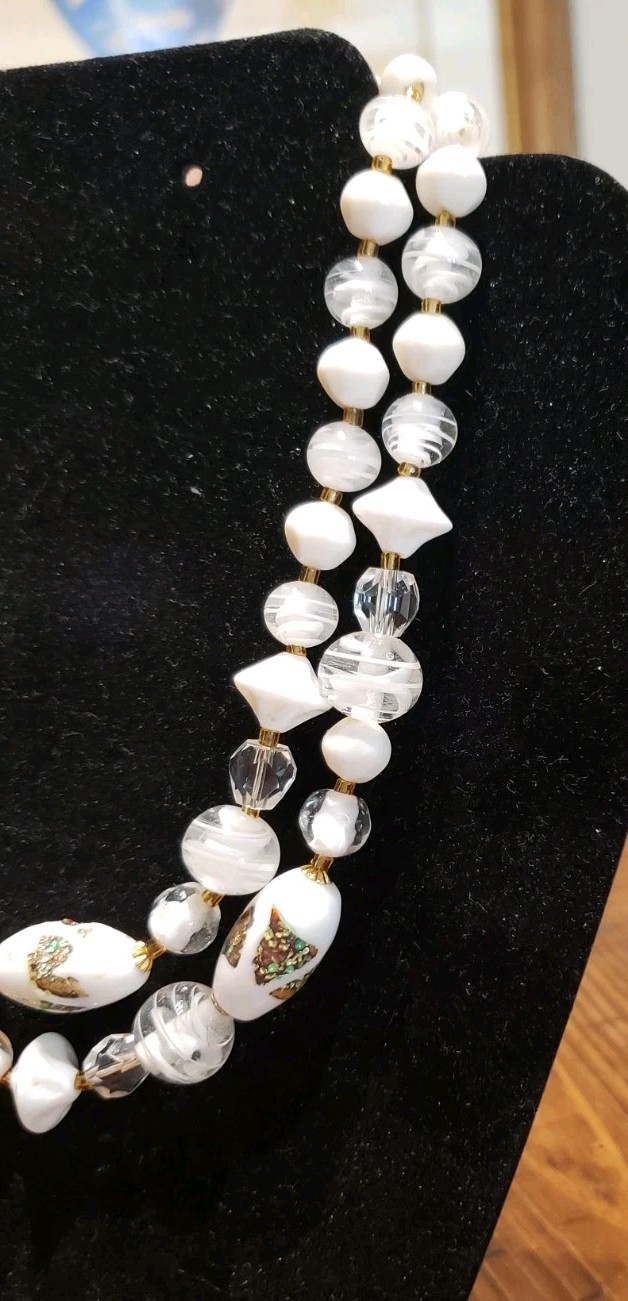 Vtg MCM Bridal Wedding Double Strand White Glass Bead Choker with Gold Accent