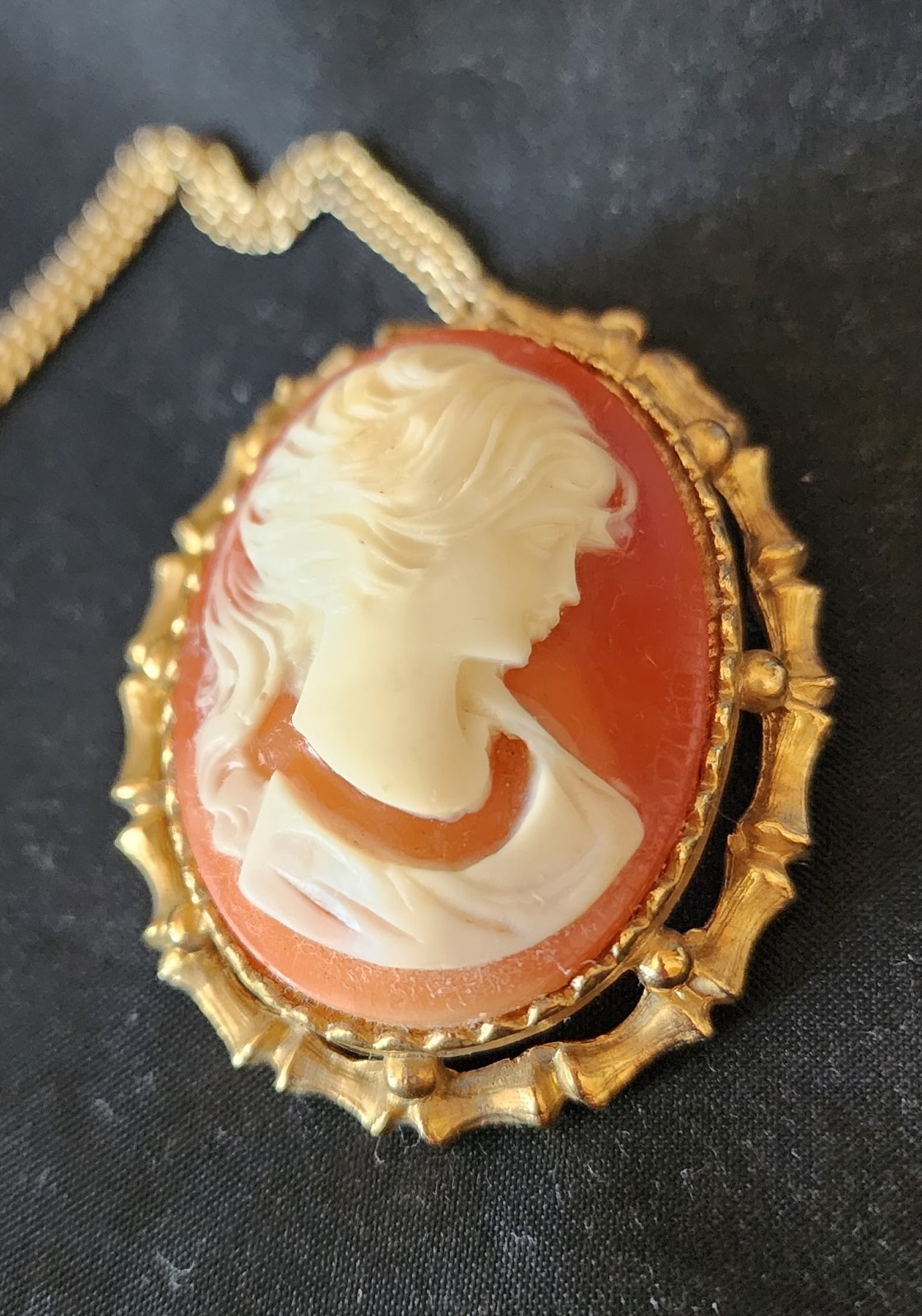 Vintage Salmon Color Lady Head Cameo Necklace Pendant Brooch Pin Beautiful NOS